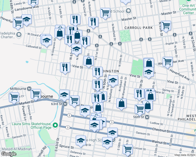 map of restaurants, bars, coffee shops, grocery stores, and more near 216 North Edgewood Street in Philadelphia