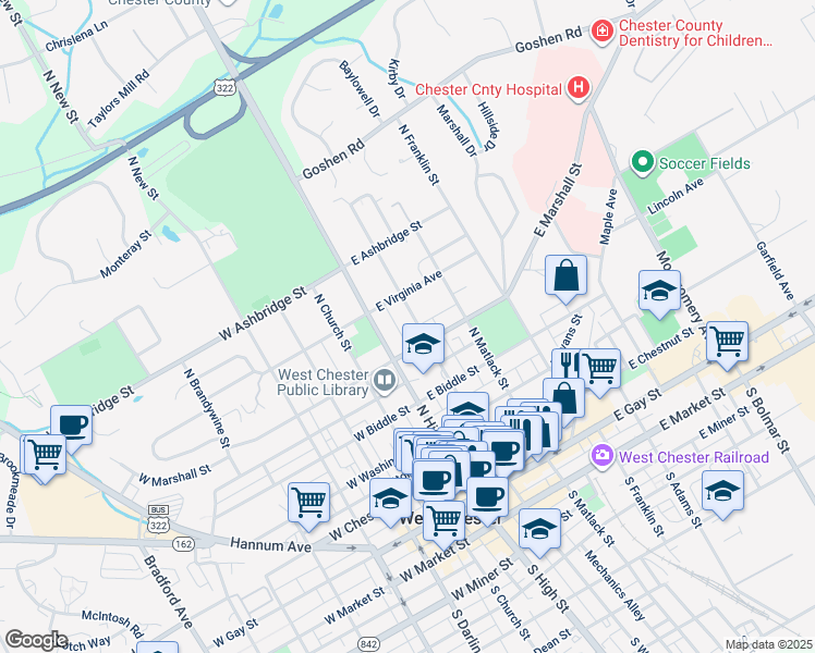 map of restaurants, bars, coffee shops, grocery stores, and more near 520 North Walnut Street in West Chester