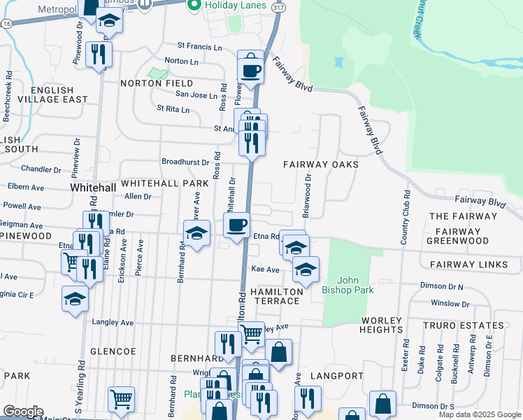 map of restaurants, bars, coffee shops, grocery stores, and more near 496 South Hamilton Road in Columbus