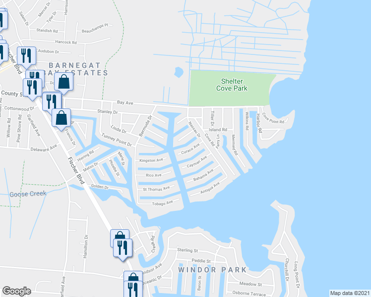 map of restaurants, bars, coffee shops, grocery stores, and more near 16 Curaco Avenue in Toms River