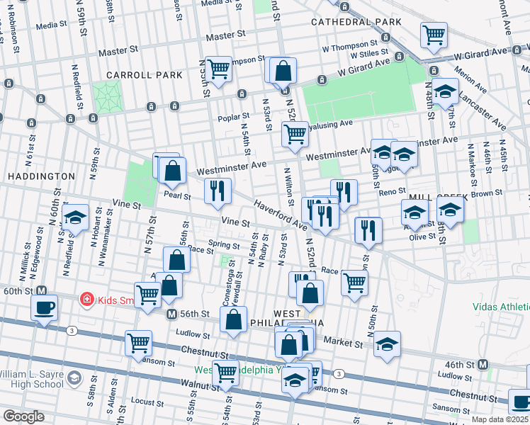 map of restaurants, bars, coffee shops, grocery stores, and more near 5330 Haverford Avenue in Philadelphia