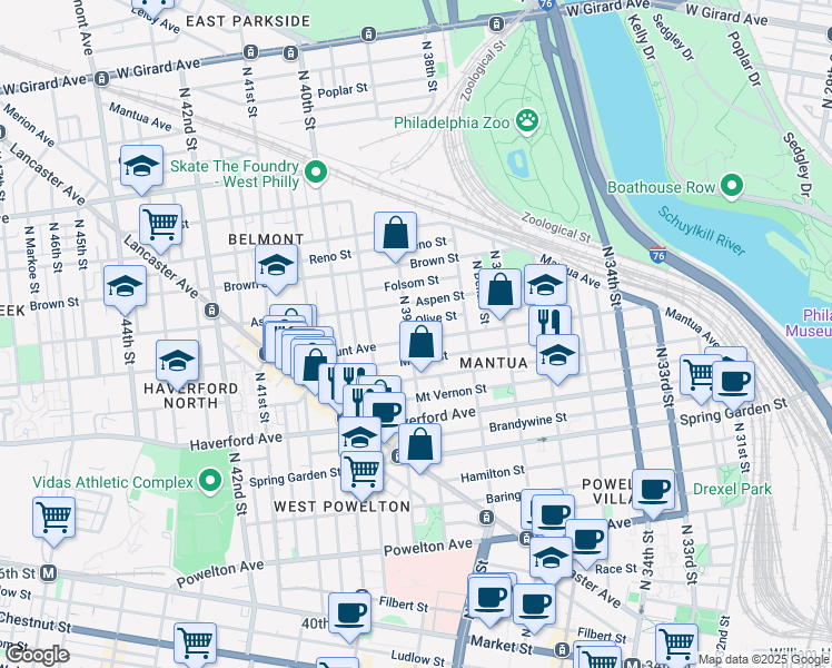 map of restaurants, bars, coffee shops, grocery stores, and more near 703 North 39th Street in Philadelphia