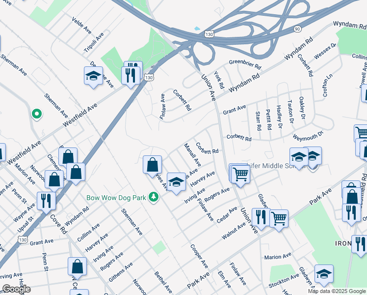map of restaurants, bars, coffee shops, grocery stores, and more near 2603 Manall Avenue in Pennsauken