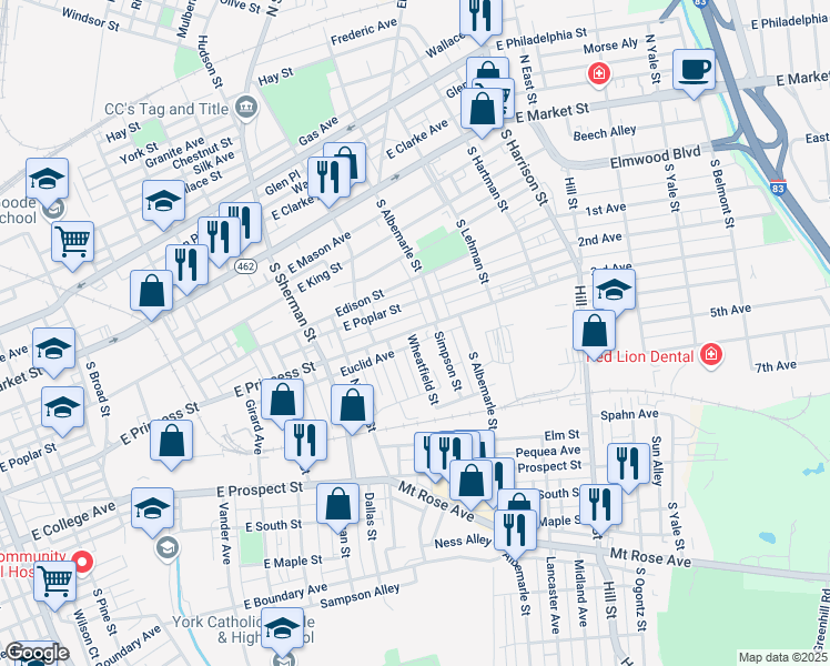 map of restaurants, bars, coffee shops, grocery stores, and more near 948 East Princess Street in York