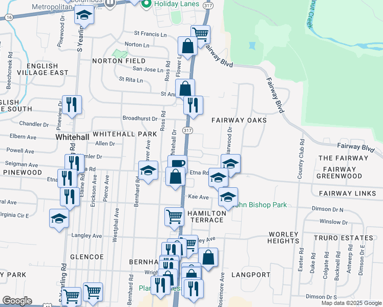 map of restaurants, bars, coffee shops, grocery stores, and more near 496 South Hamilton Road in Whitehall
