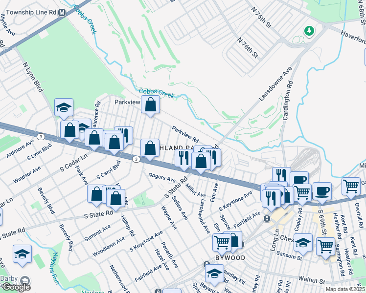 map of restaurants, bars, coffee shops, grocery stores, and more near 104 Harvin Road in Delaware County