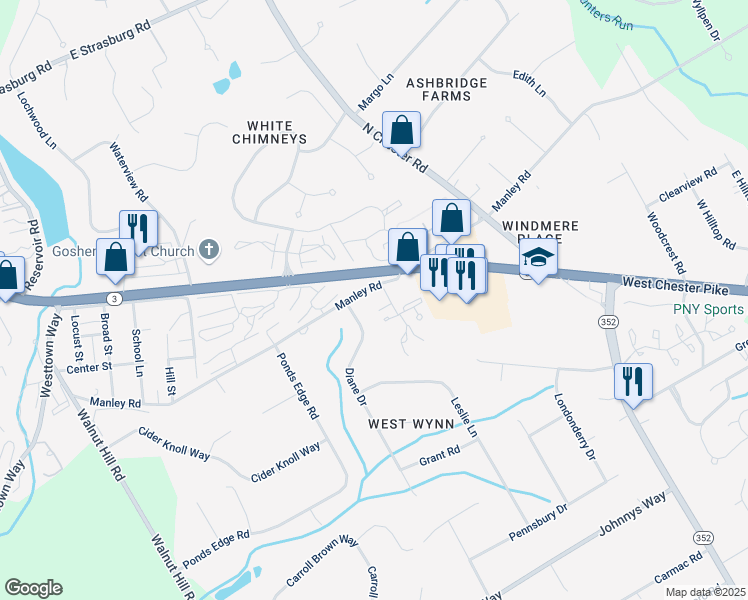 map of restaurants, bars, coffee shops, grocery stores, and more near 301 Diane Drive in West Chester