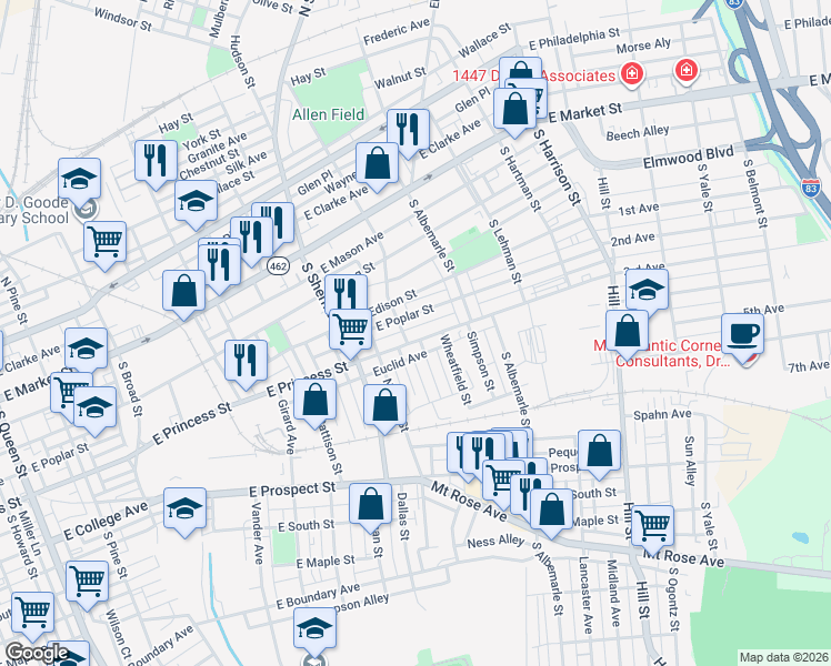 map of restaurants, bars, coffee shops, grocery stores, and more near 907 East Princess Street in York