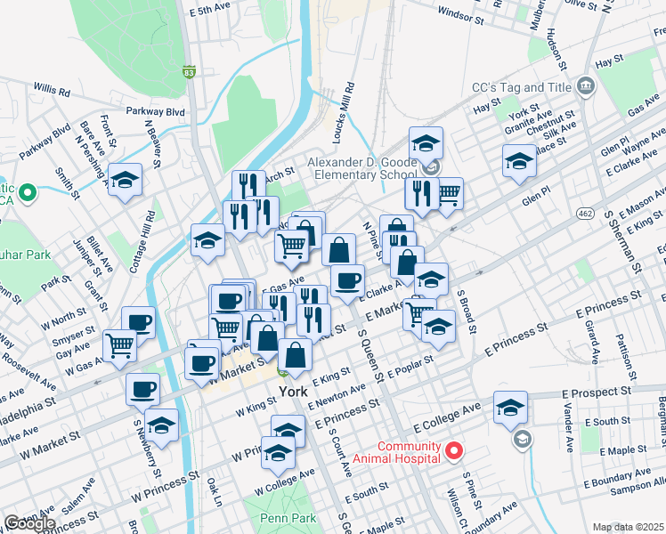 map of restaurants, bars, coffee shops, grocery stores, and more near 126 North Queen Street in York