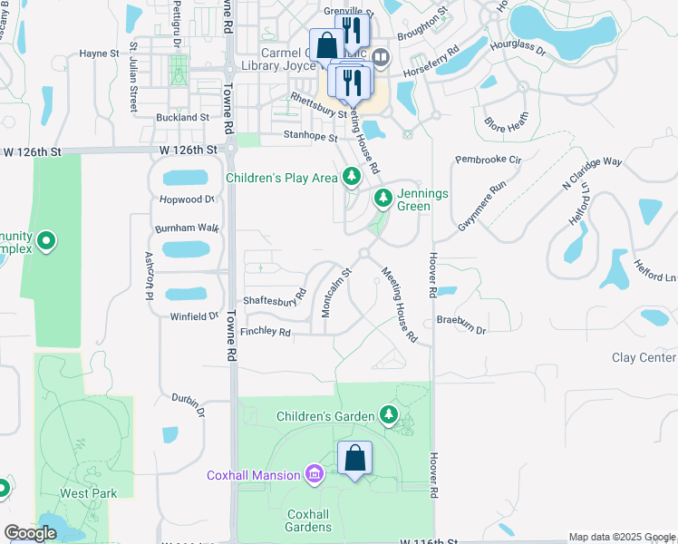 map of restaurants, bars, coffee shops, grocery stores, and more near 12252 Montcalm Street in Carmel