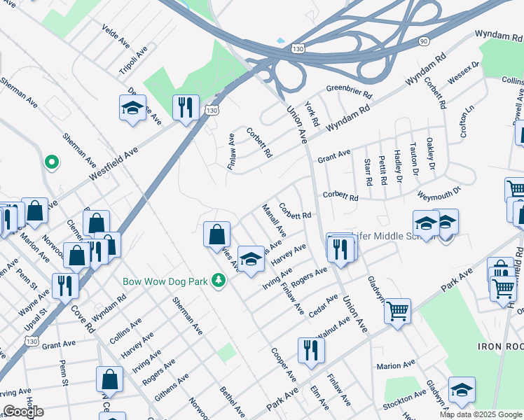 map of restaurants, bars, coffee shops, grocery stores, and more near 2603 Manall Avenue in Pennsauken