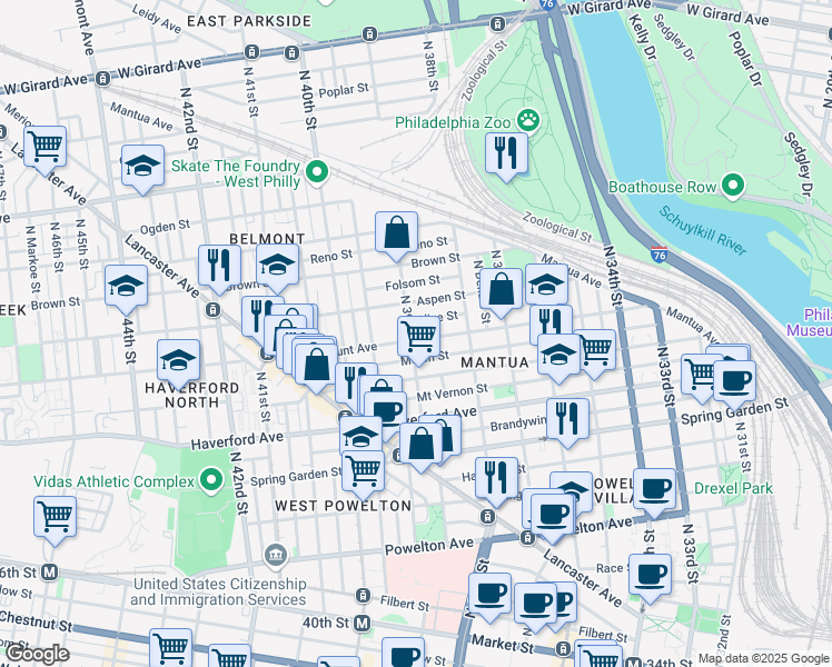 map of restaurants, bars, coffee shops, grocery stores, and more near 705 North 39th Street in Philadelphia