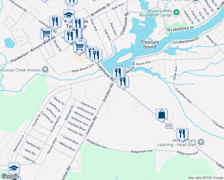 map of restaurants, bars, coffee shops, grocery stores, and more near 109 Junction Road in Pemberton Township