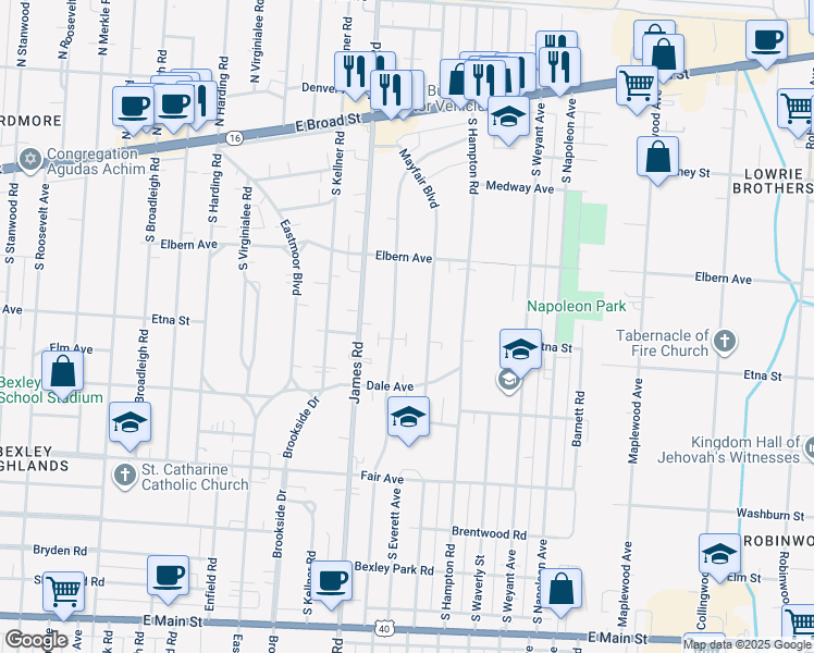 map of restaurants, bars, coffee shops, grocery stores, and more near 298 South Ashburton Road in Columbus
