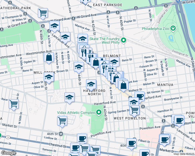 map of restaurants, bars, coffee shops, grocery stores, and more near 4216 Aspen Street in Philadelphia