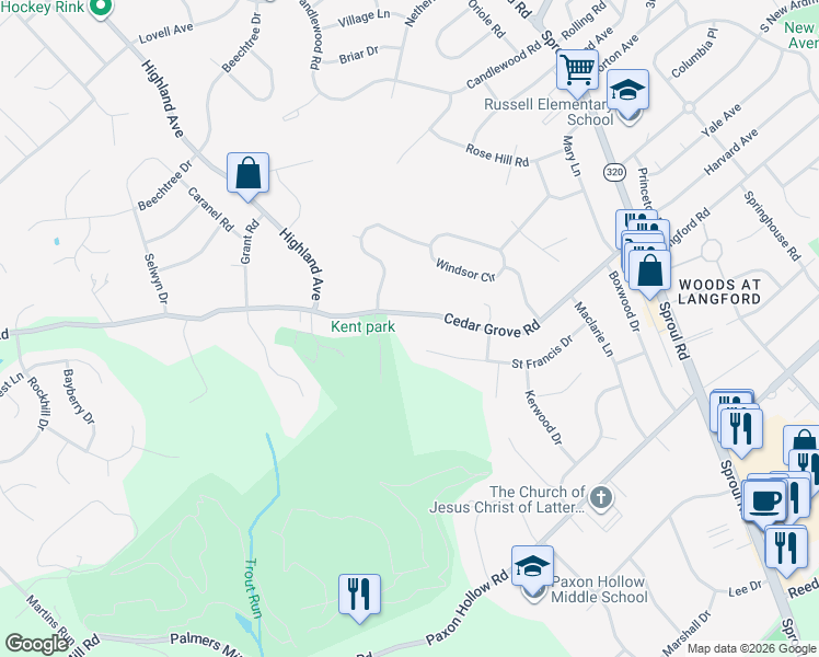map of restaurants, bars, coffee shops, grocery stores, and more near 813 Cedar Grove Road in Broomall