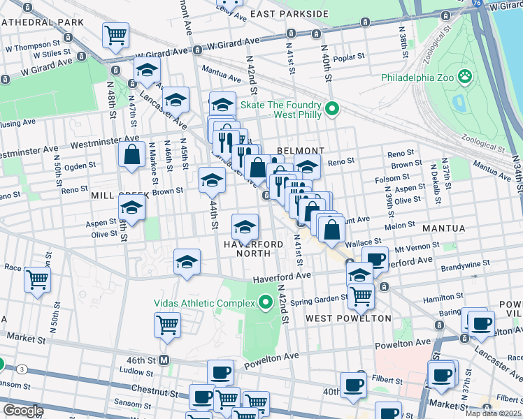 map of restaurants, bars, coffee shops, grocery stores, and more near 4216 Aspen Street in Philadelphia