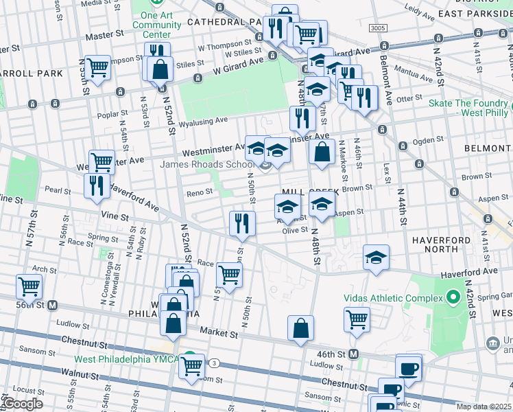 map of restaurants, bars, coffee shops, grocery stores, and more near 475 North 50th Street in Philadelphia