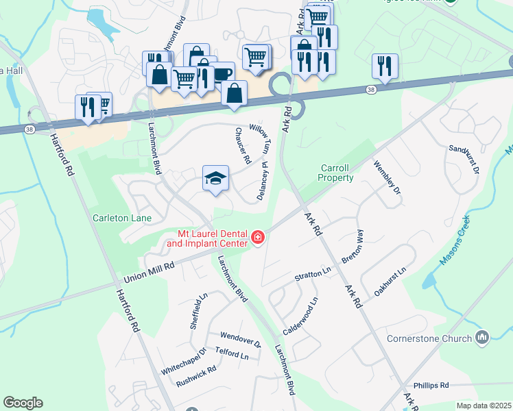 map of restaurants, bars, coffee shops, grocery stores, and more near 313B Delancey Place in Mount Laurel Township
