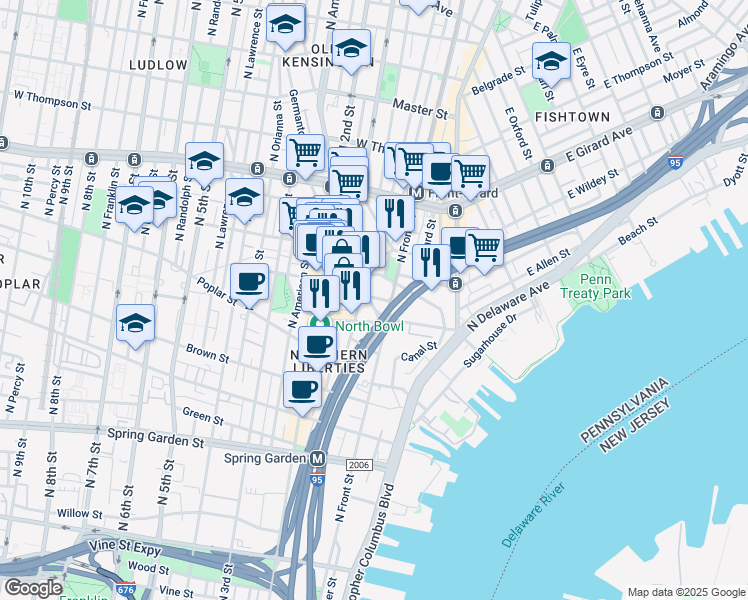 map of restaurants, bars, coffee shops, grocery stores, and more near 1019 Germantown Avenue in Philadelphia