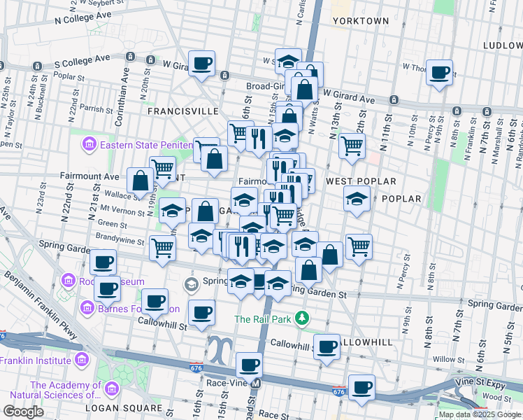 map of restaurants, bars, coffee shops, grocery stores, and more near 653 North 15th Street in Philadelphia