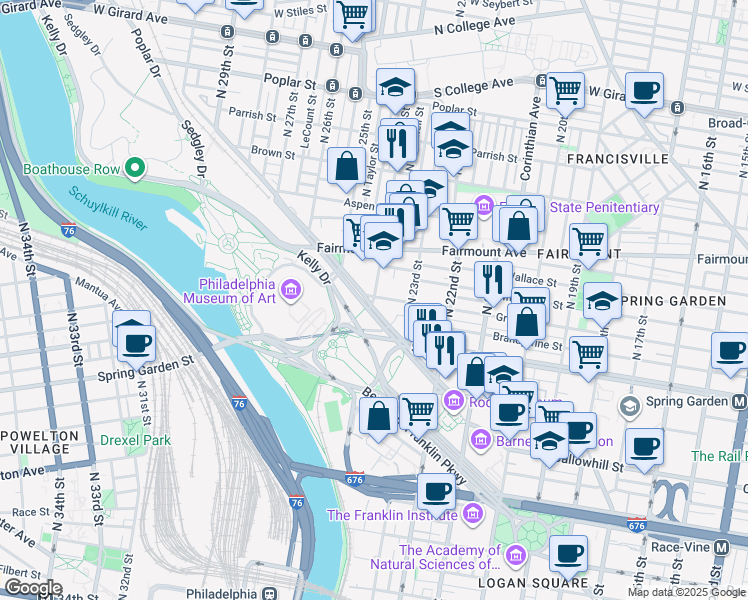 map of restaurants, bars, coffee shops, grocery stores, and more near 2327 Green Street in Philadelphia