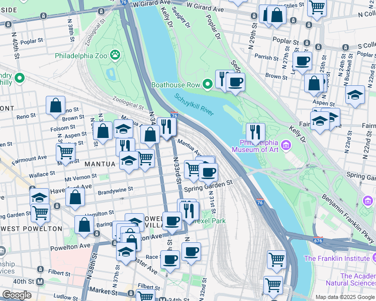 map of restaurants, bars, coffee shops, grocery stores, and more near 644 North 32nd Street in Philadelphia
