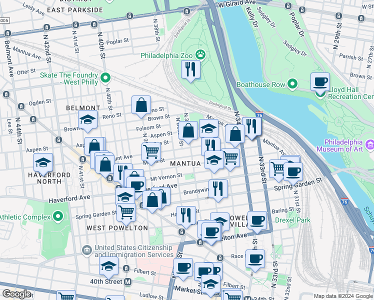 map of restaurants, bars, coffee shops, grocery stores, and more near in Philadelphia