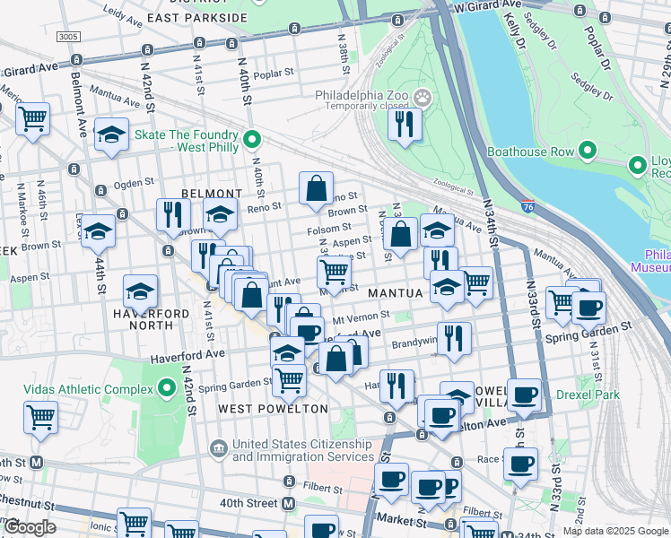map of restaurants, bars, coffee shops, grocery stores, and more near 3860 Olive Street in Philadelphia