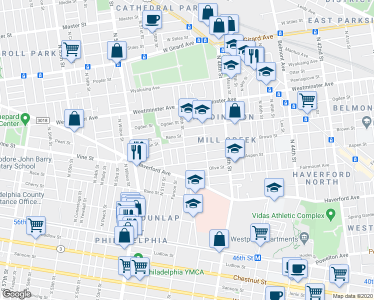 map of restaurants, bars, coffee shops, grocery stores, and more near 5003 Brown Street in Philadelphia