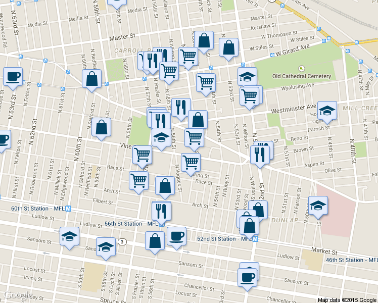 map of restaurants, bars, coffee shops, grocery stores, and more near 5538 Pearl Street in Philadelphia