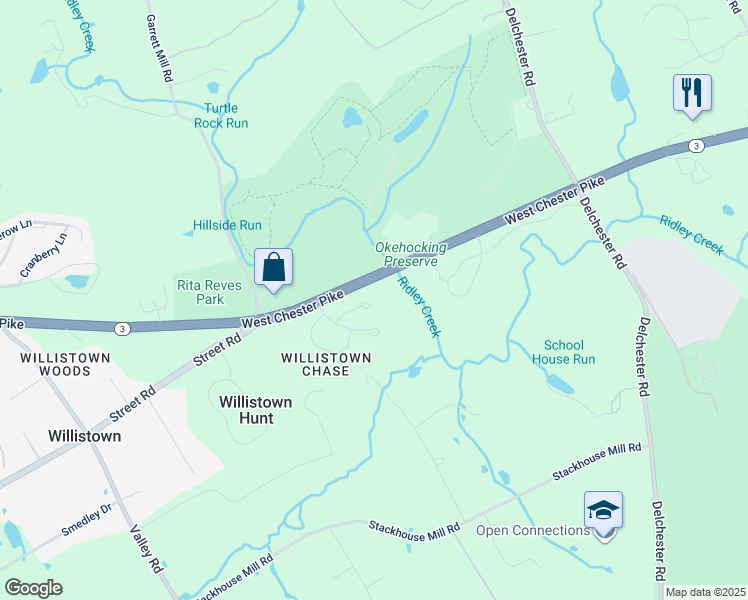 map of restaurants, bars, coffee shops, grocery stores, and more near 2204 Woodside Lane in Newtown Square