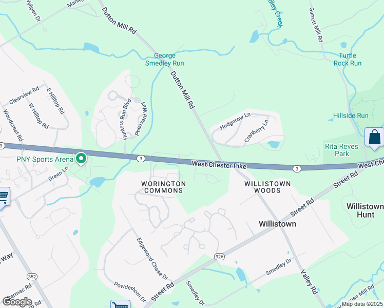 map of restaurants, bars, coffee shops, grocery stores, and more near 202 Dutton Mill Road in West Chester