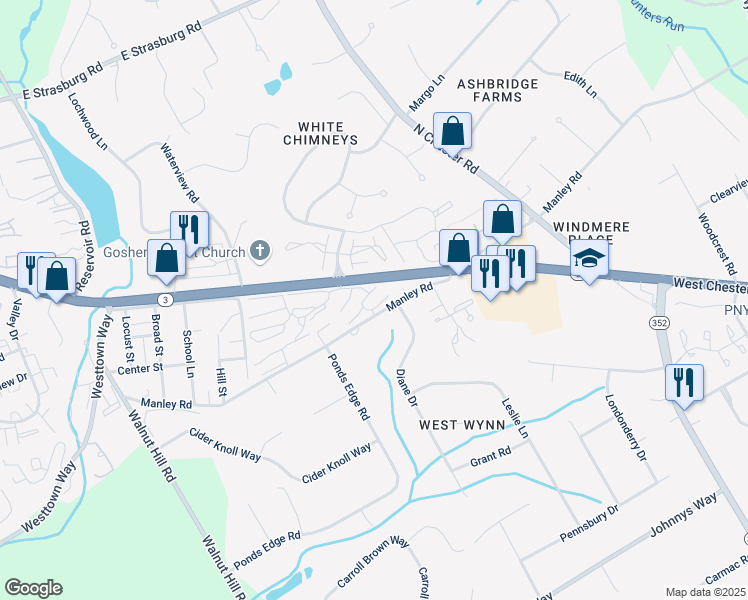 map of restaurants, bars, coffee shops, grocery stores, and more near 569 Summit House in West Chester