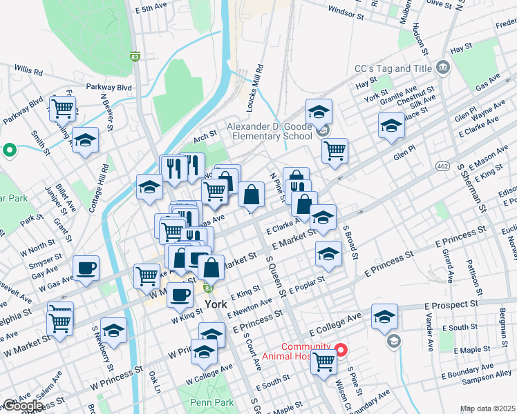 map of restaurants, bars, coffee shops, grocery stores, and more near 139 North Queen Street in York