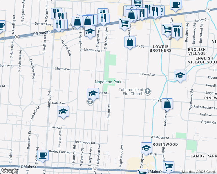 map of restaurants, bars, coffee shops, grocery stores, and more near 328 Barnett Road in Columbus