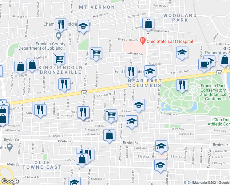 map of restaurants, bars, coffee shops, grocery stores, and more near in Columbus