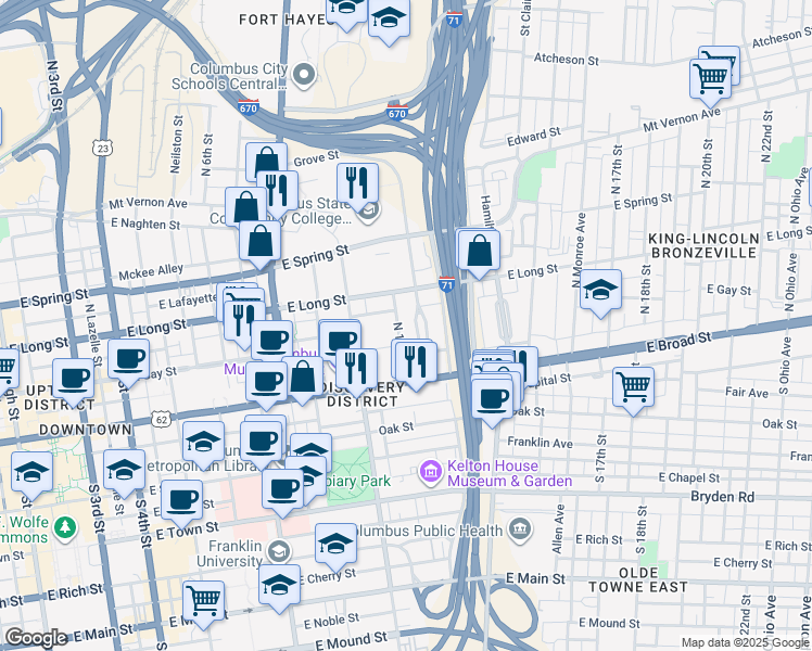 map of restaurants, bars, coffee shops, grocery stores, and more near 555 Boone Street in Columbus