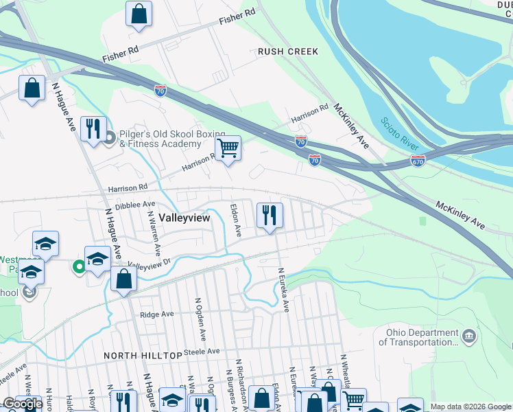 map of restaurants, bars, coffee shops, grocery stores, and more near 2475 Dibblee Avenue in Columbus