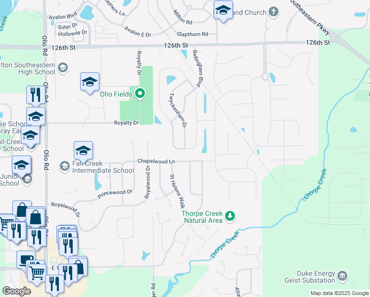 map of restaurants, bars, coffee shops, grocery stores, and more near 14422 Eddington Place in Fishers