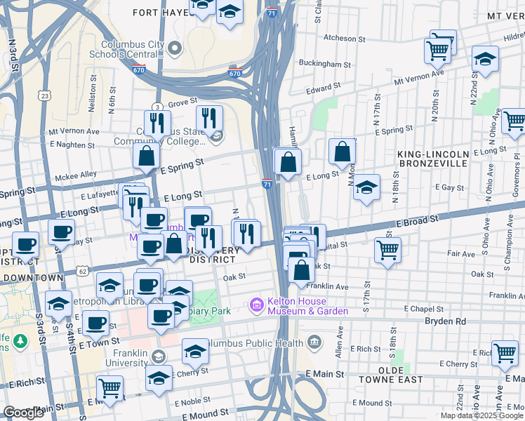 map of restaurants, bars, coffee shops, grocery stores, and more near 86 Jefferson Avenue in Columbus
