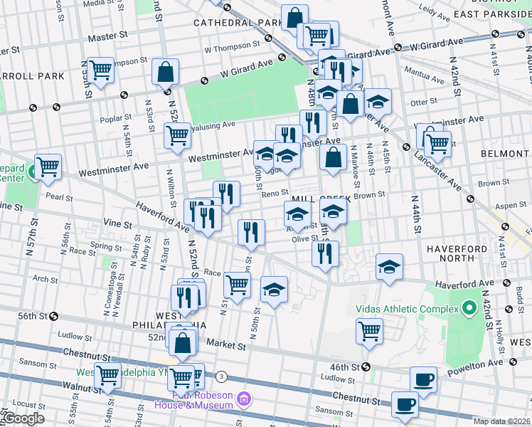 map of restaurants, bars, coffee shops, grocery stores, and more near 5003 Brown Street in Philadelphia
