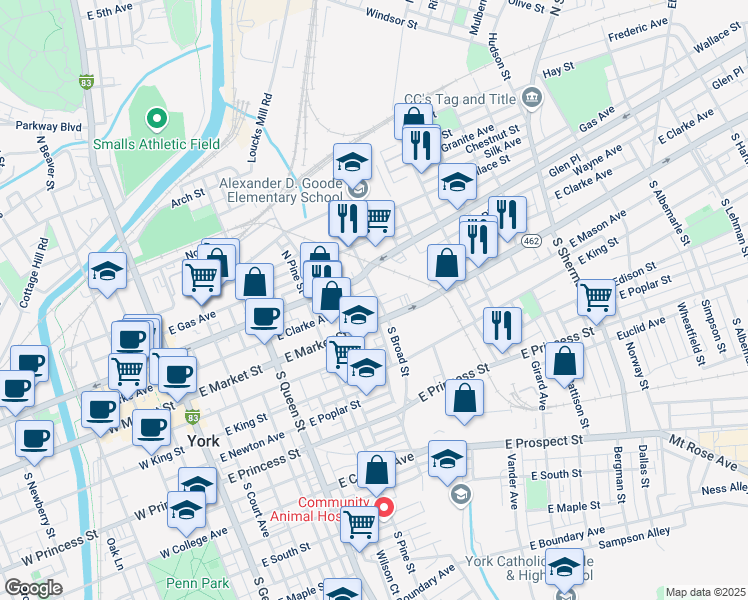 map of restaurants, bars, coffee shops, grocery stores, and more near 28 North Broad Street in York