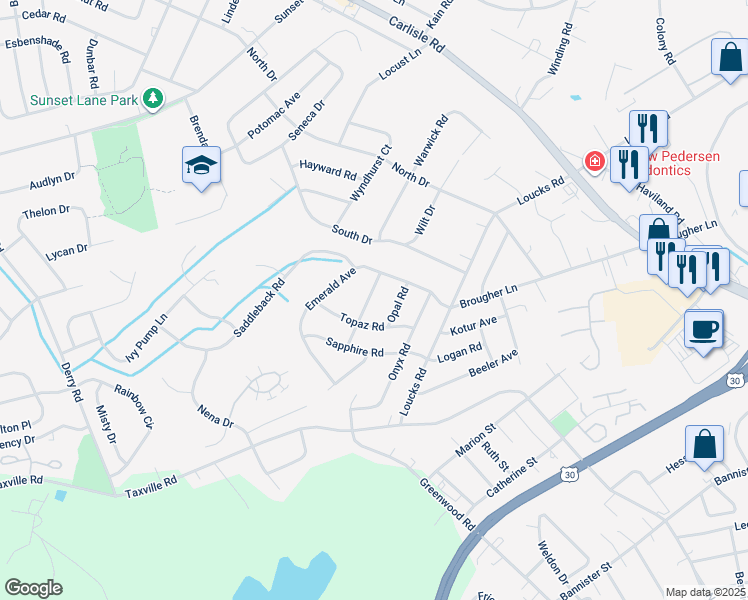 map of restaurants, bars, coffee shops, grocery stores, and more near 2412 Amethyst Road in York