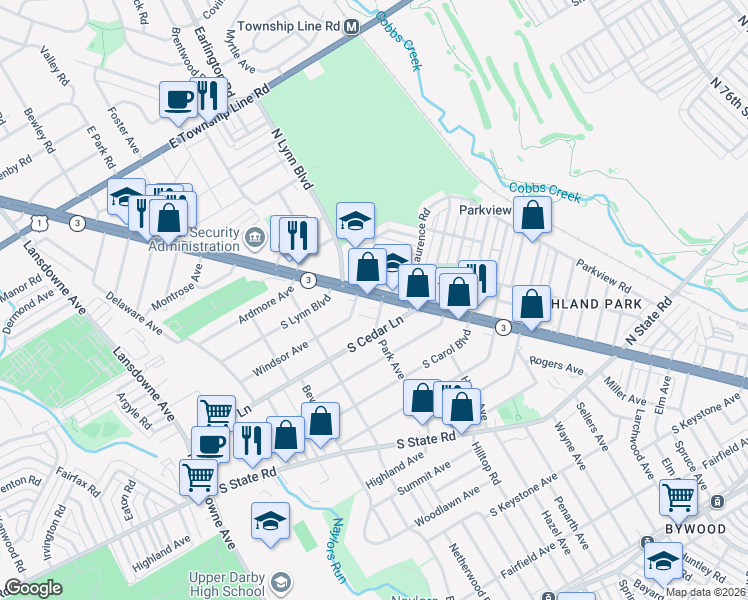 map of restaurants, bars, coffee shops, grocery stores, and more near 8234 West Chester Pike in Delaware County