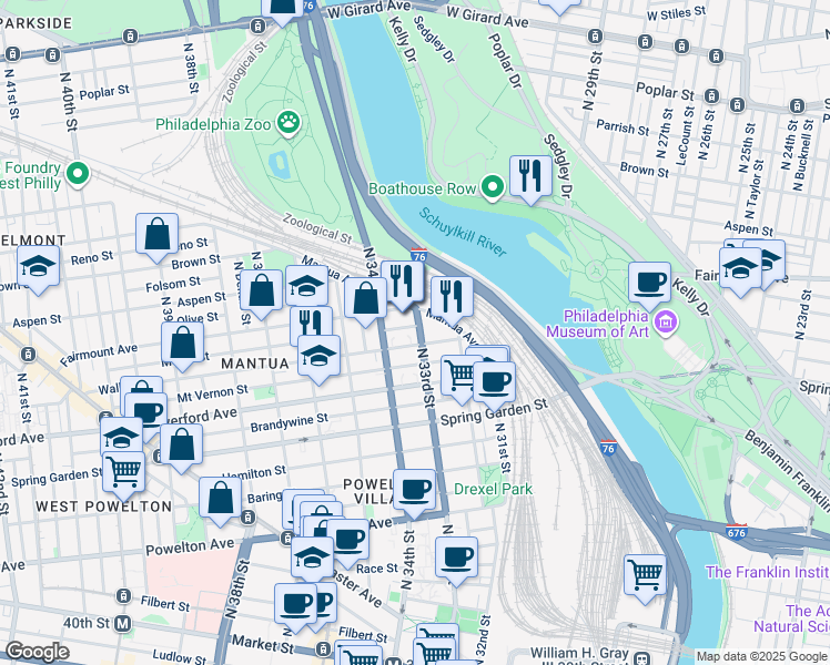 map of restaurants, bars, coffee shops, grocery stores, and more near 660 North 33rd Street in Philadelphia