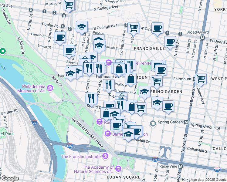 map of restaurants, bars, coffee shops, grocery stores, and more near 2036 Mount Vernon Street in Philadelphia