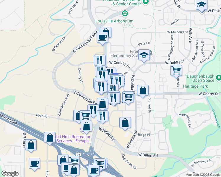 map of restaurants, bars, coffee shops, grocery stores, and more near 332 S McCaslin Blvd in Louisville