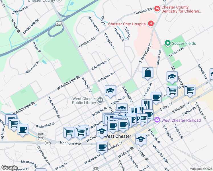 map of restaurants, bars, coffee shops, grocery stores, and more near 520 North Walnut Street in West Chester