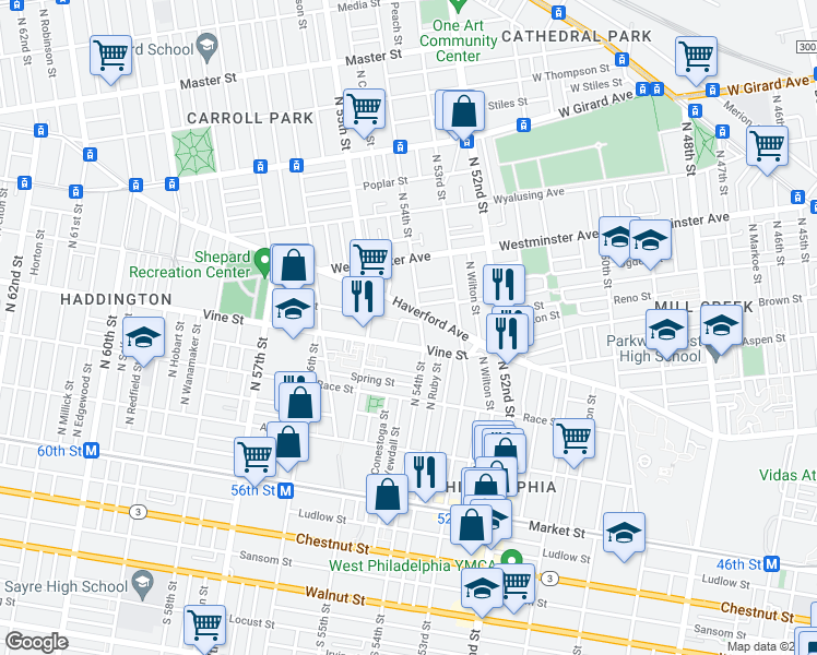 map of restaurants, bars, coffee shops, grocery stores, and more near 5414 Pearl Street in Philadelphia